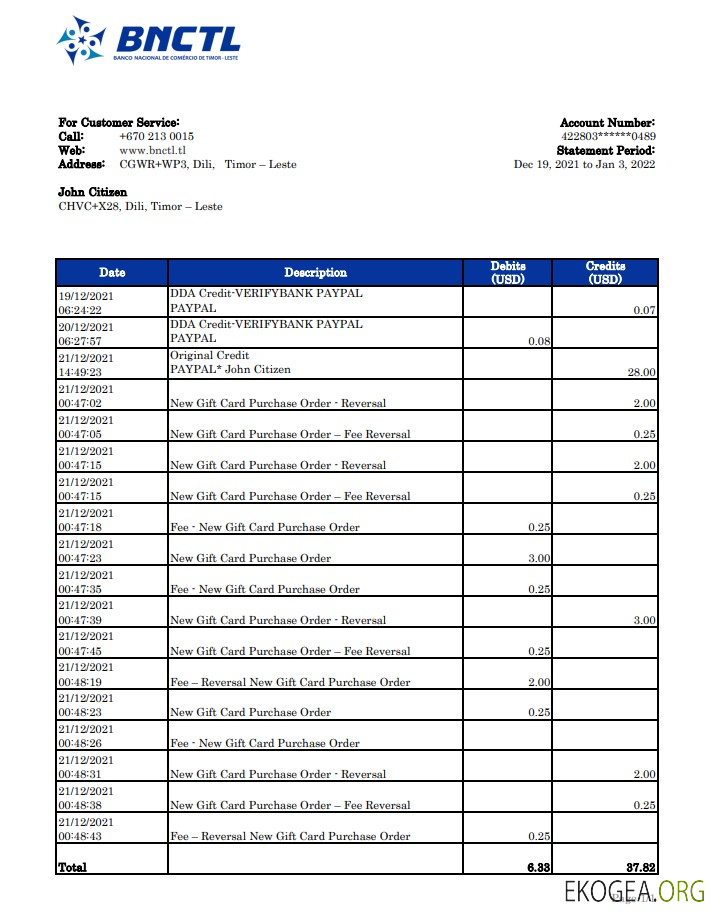 Relevé bancaire Timor Leste BNCTL xls